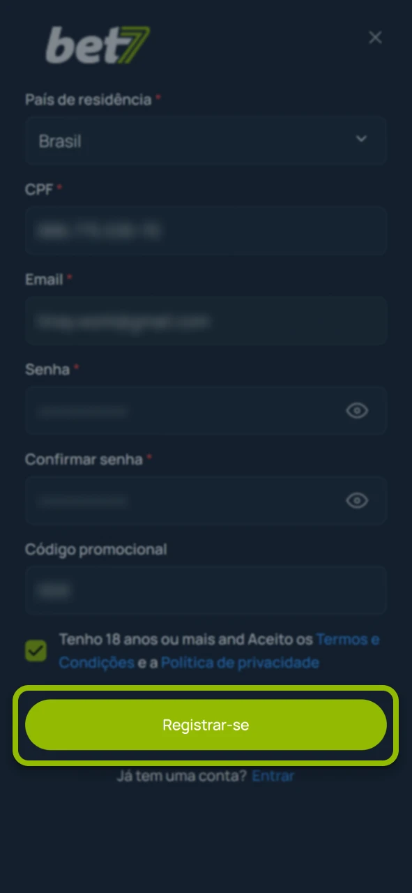 Crie seu cadastro rápido no site oficial da plataforma Bet7.